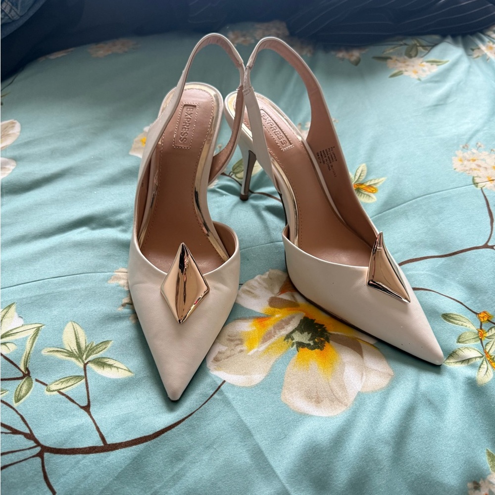 Express White Slingback Heels with Gold Detail